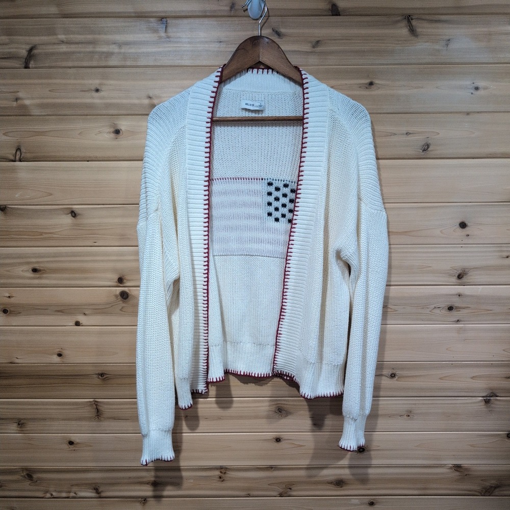 Hollister USA American Flag Cardigan Sweater Cream Red White Blue Small